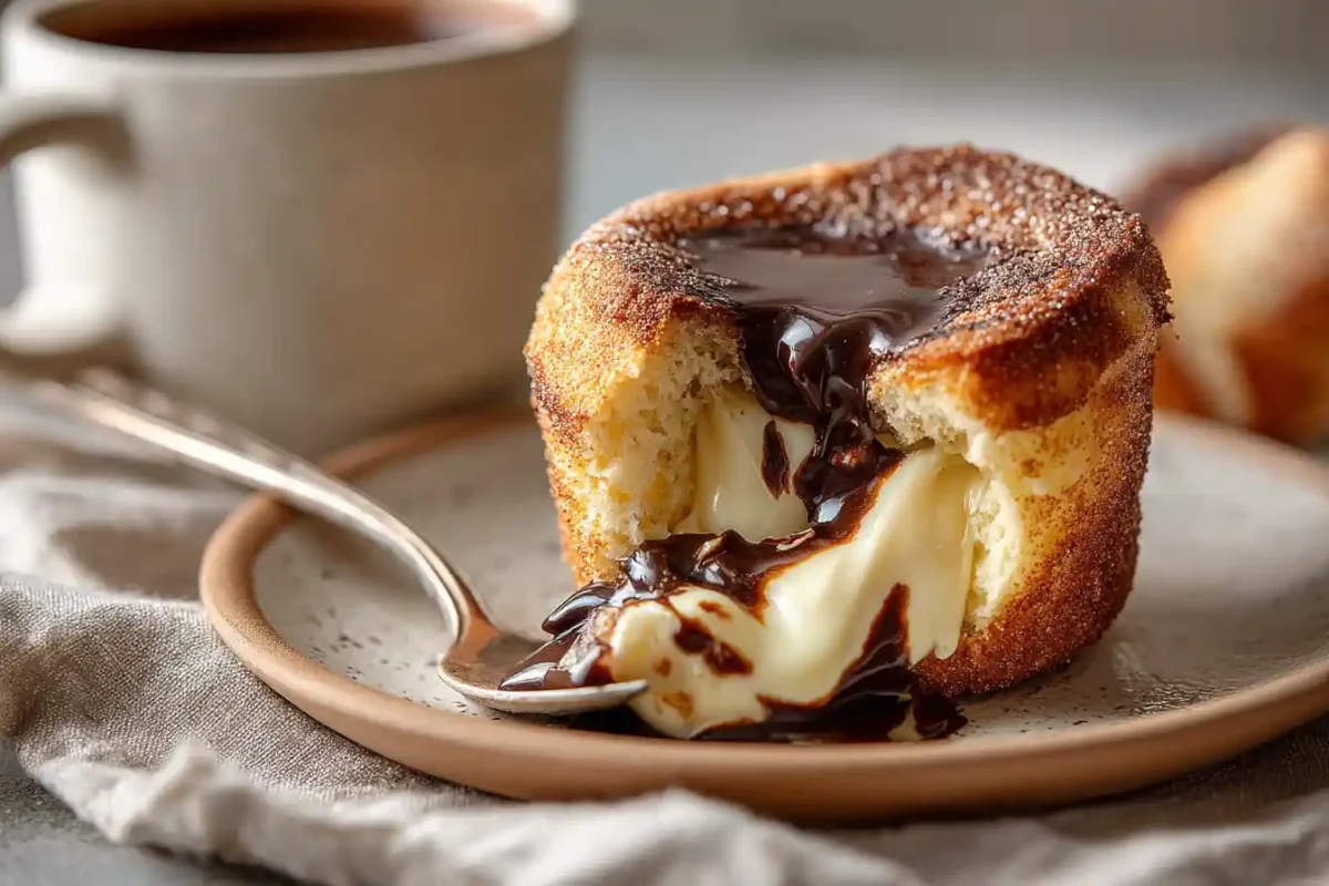Cream cheese lava flowing out of churro dessert