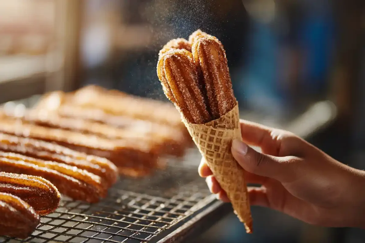 Hand holding cinnamon sugar-coated churro cone
