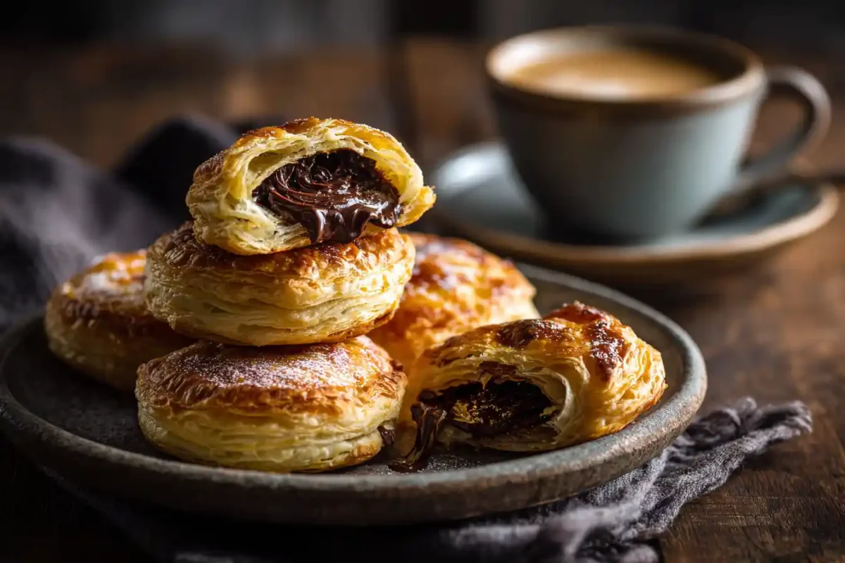 Stack of choco puff pastry rounds with melted chocolate center