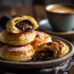 Stack of choco puff pastry rounds with melted chocolate center