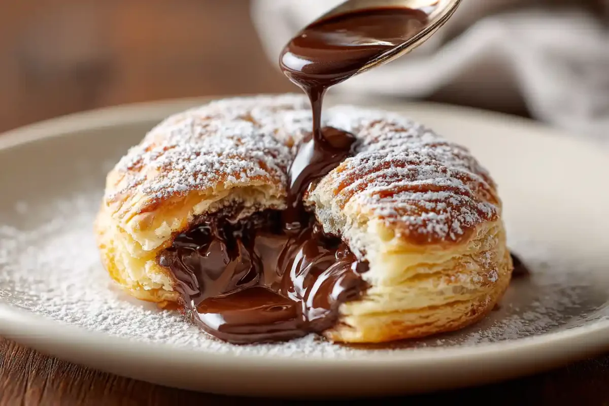 Melting chocolate inside a freshly baked puff pastry round