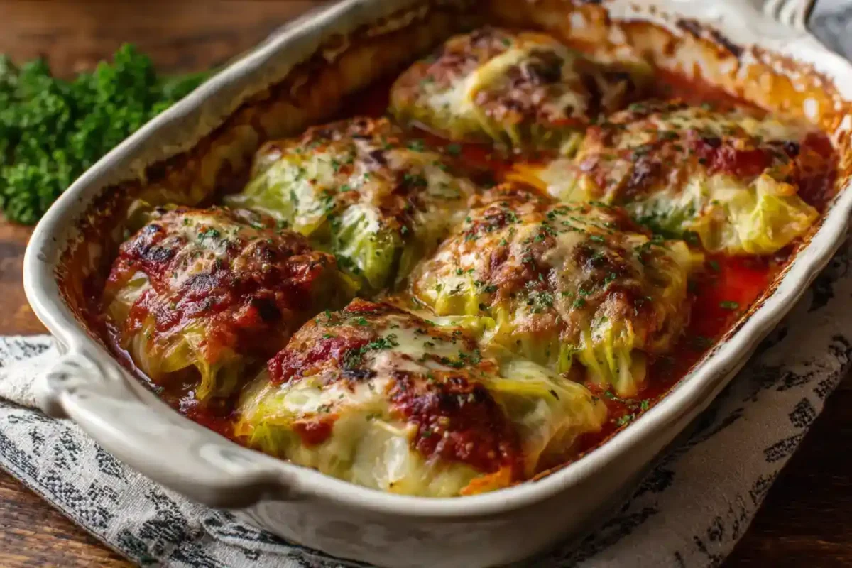 Baked Reuben Stuffed Cabbage Rolls topped with sauce