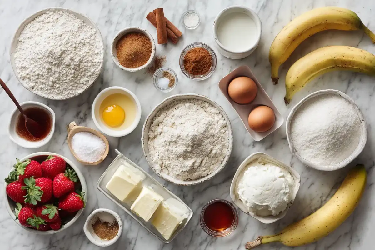 Churro dough ingredients and banana split toppings arranged on countertop