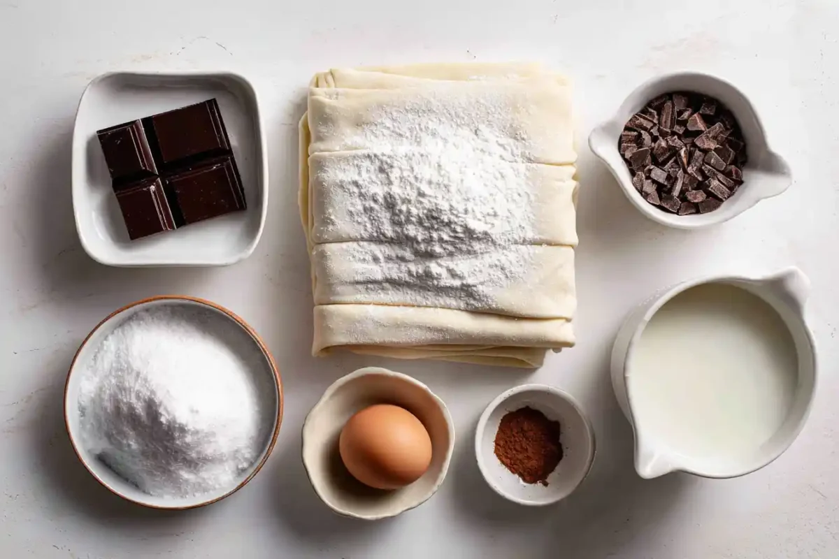 Puff pastry ingredients including chocolate, egg, and powdered sugar