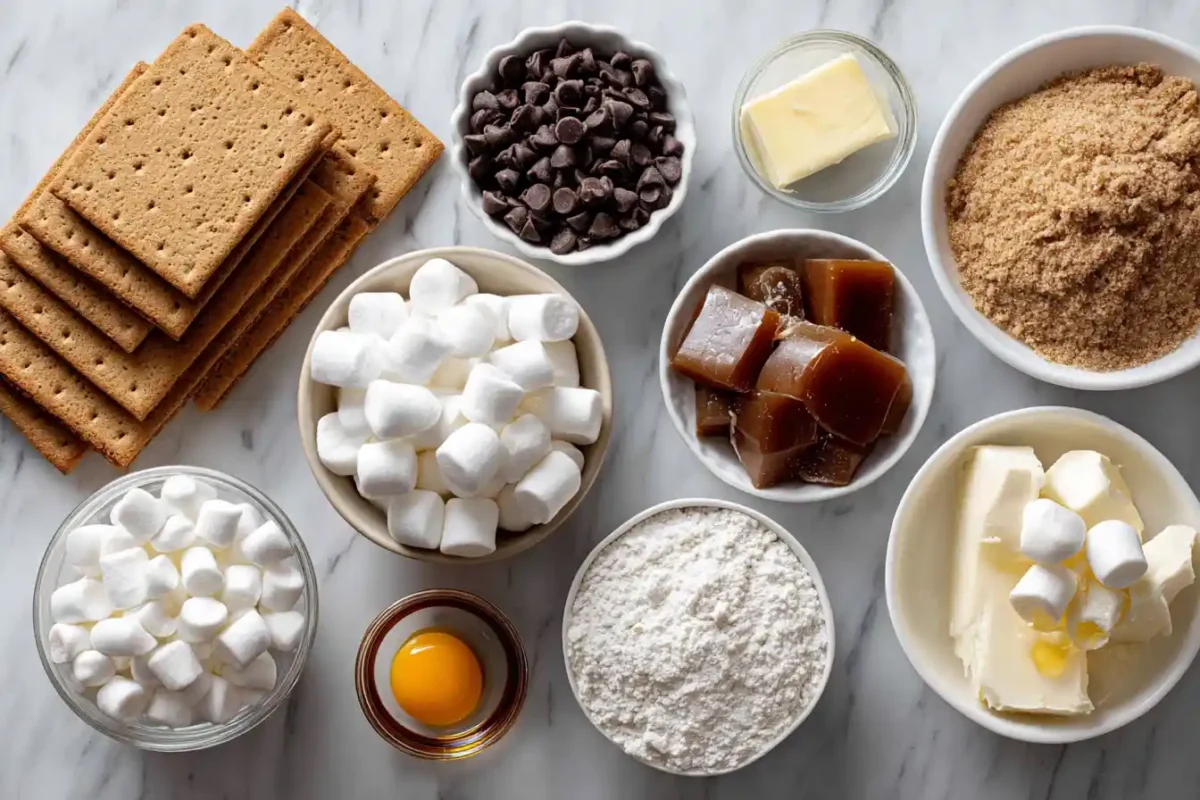 Flat lay of ingredients used in caramel s’mores bars recipe