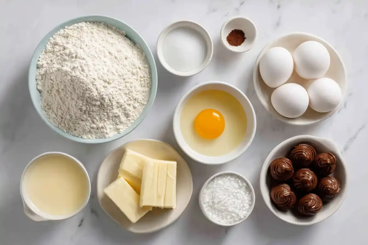 Overhead view of pancake bomb ingredients including frozen Nutella scoops