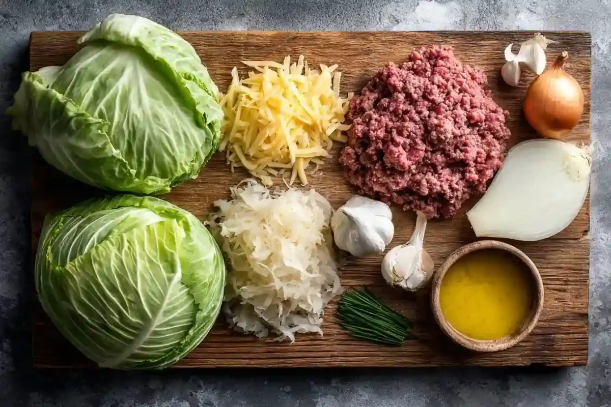 All raw ingredients for Reuben Stuffed Cabbage Rolls recipe