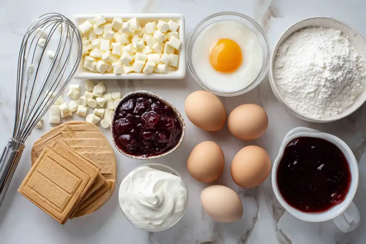 Overhead photo of cheesecake ingredients including white chocolate, raspberry jam, and cream cheese