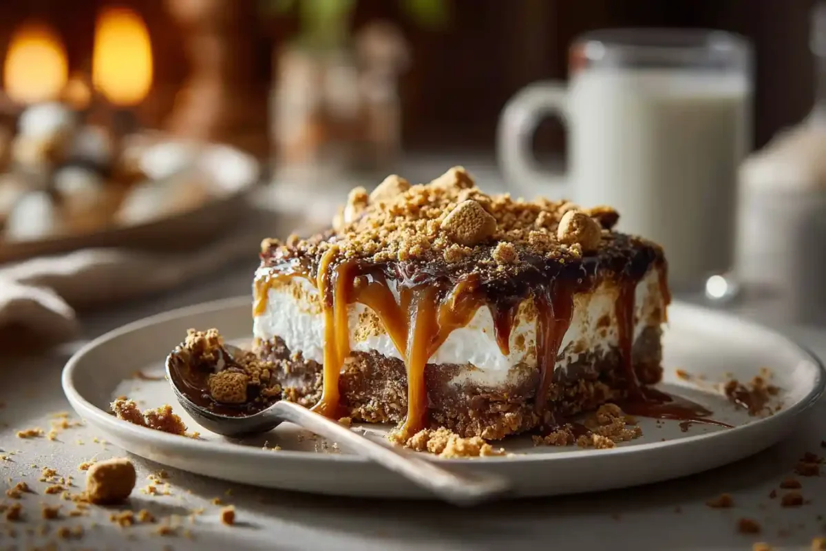 Gooey caramel center of a s’mores dessert bar