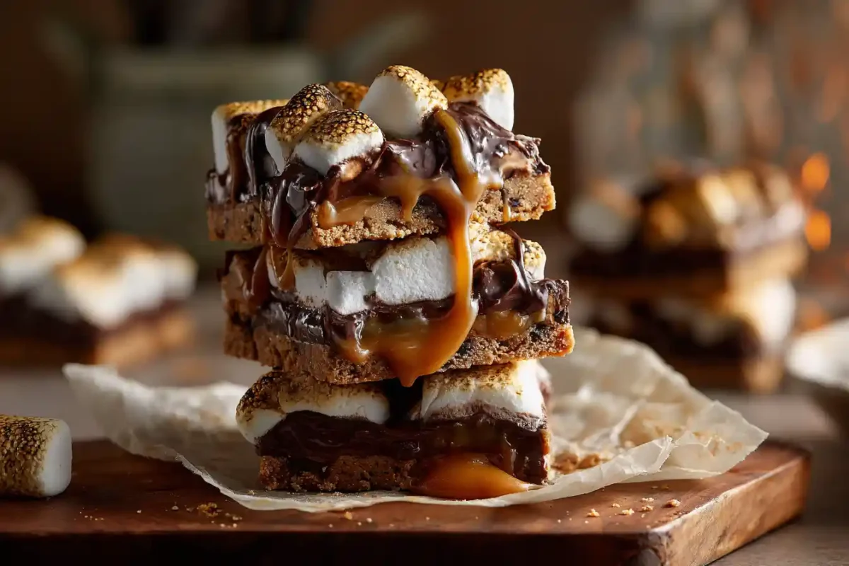 Stack of gooey melting caramel s’mores bars with marshmallows
