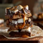 Stack of gooey melting caramel s’mores bars with marshmallows
