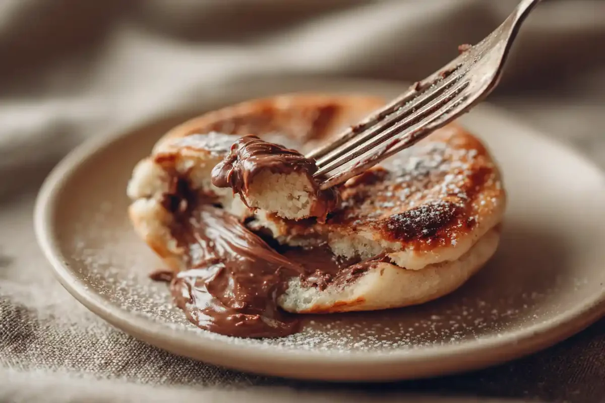 Nutella oozing out of warm pancake bomb as it's sliced open