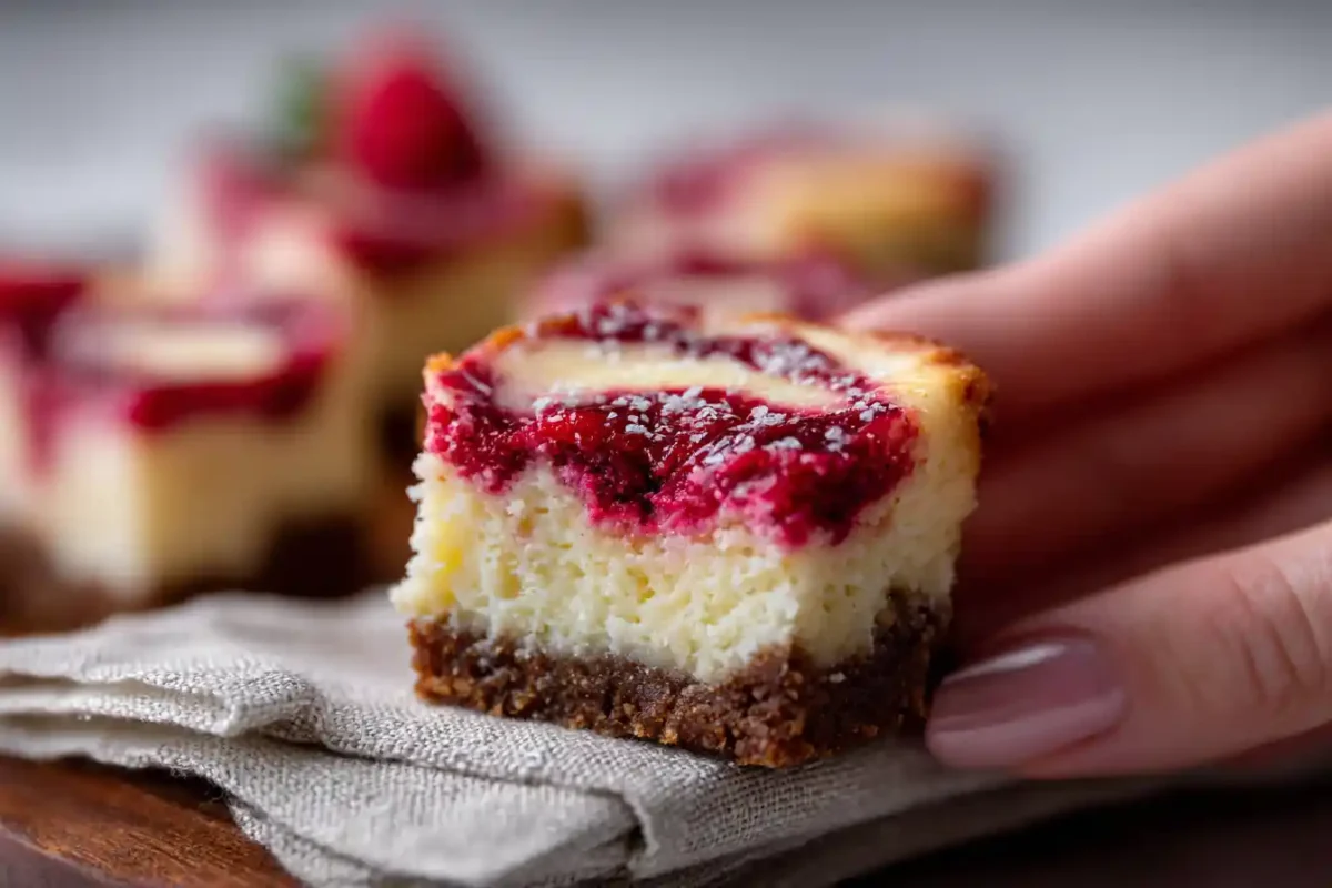 Hand holding white chocolate raspberry cheesecake bite showing swirl