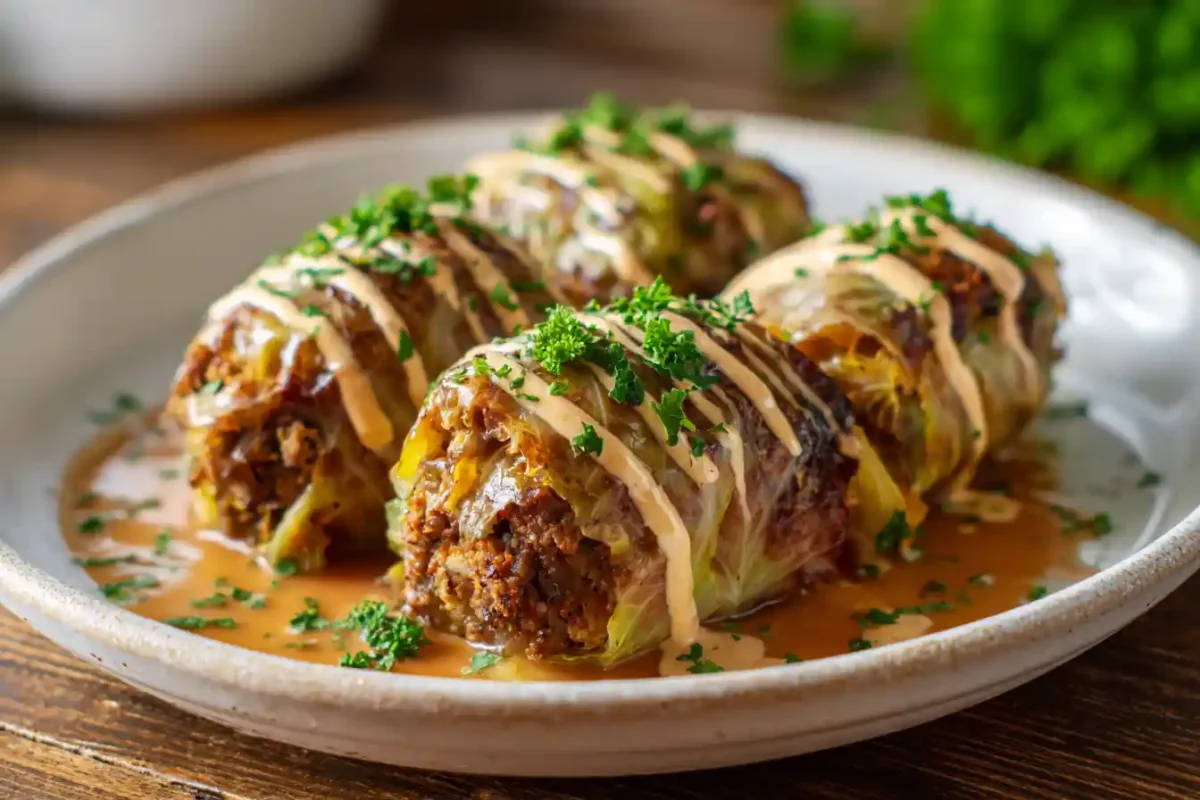 Plated Reuben Stuffed Cabbage Rolls with parsley and sauce