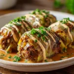Plated Reuben Stuffed Cabbage Rolls with parsley and sauce