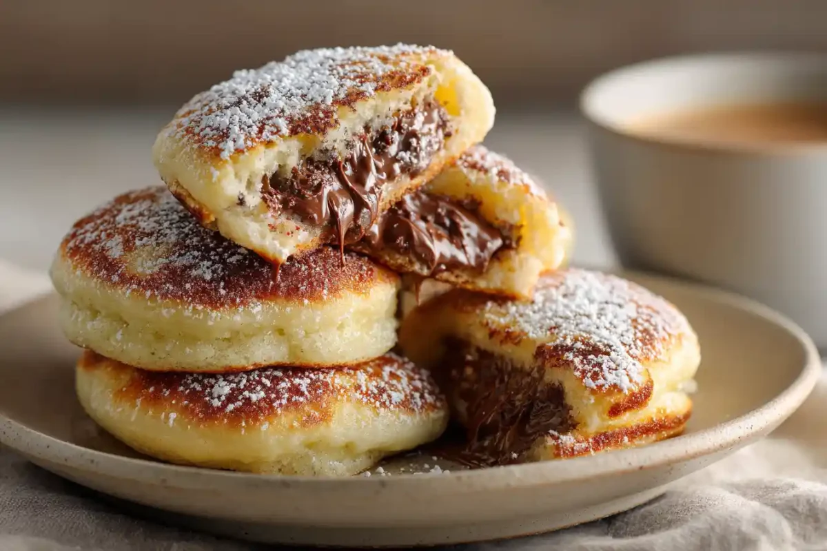 Gooey Nutella-stuffed pancake bombs stacked on a breakfast plate