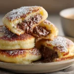 Gooey Nutella-stuffed pancake bombs stacked on a breakfast plate
