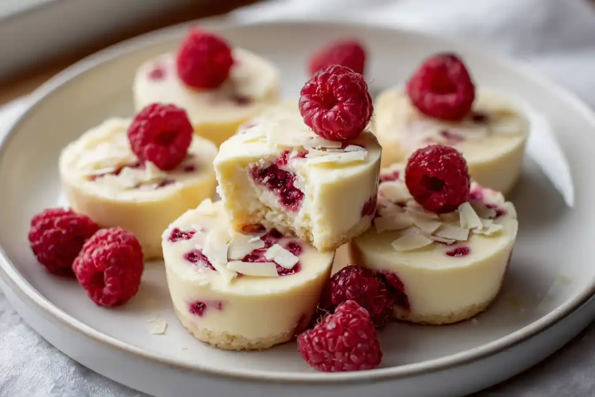 White chocolate raspberry cheesecake bites garnished with fresh raspberries and white chocolate