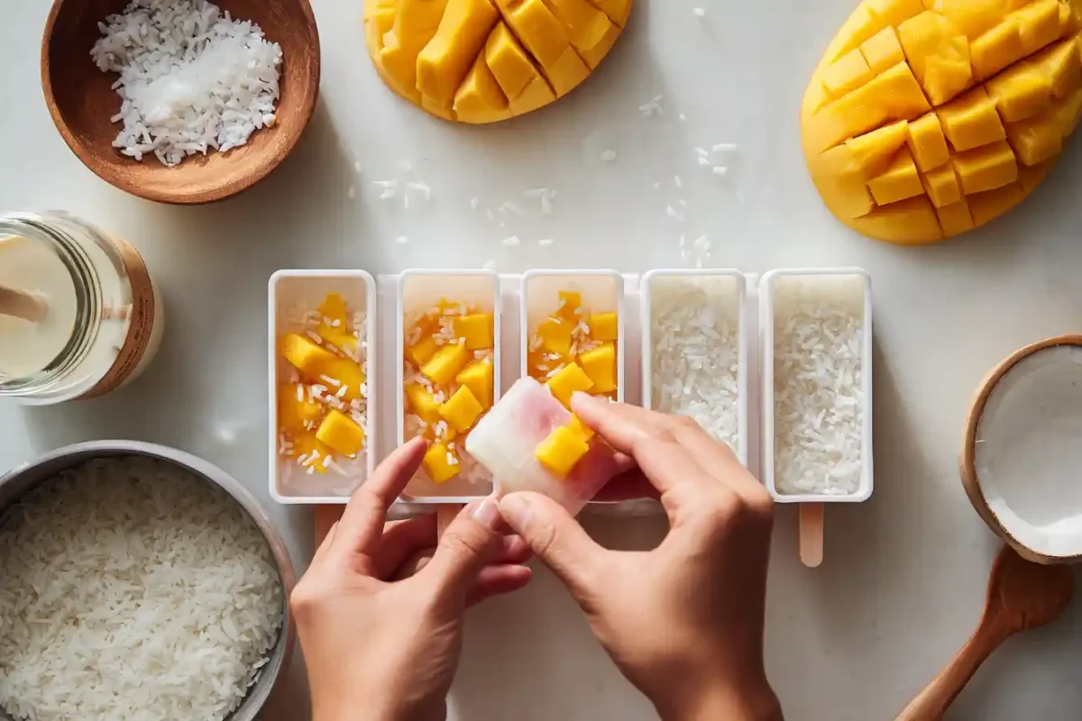 Hands spooning mango and sticky rice into popsicle molds on a kitchen counter