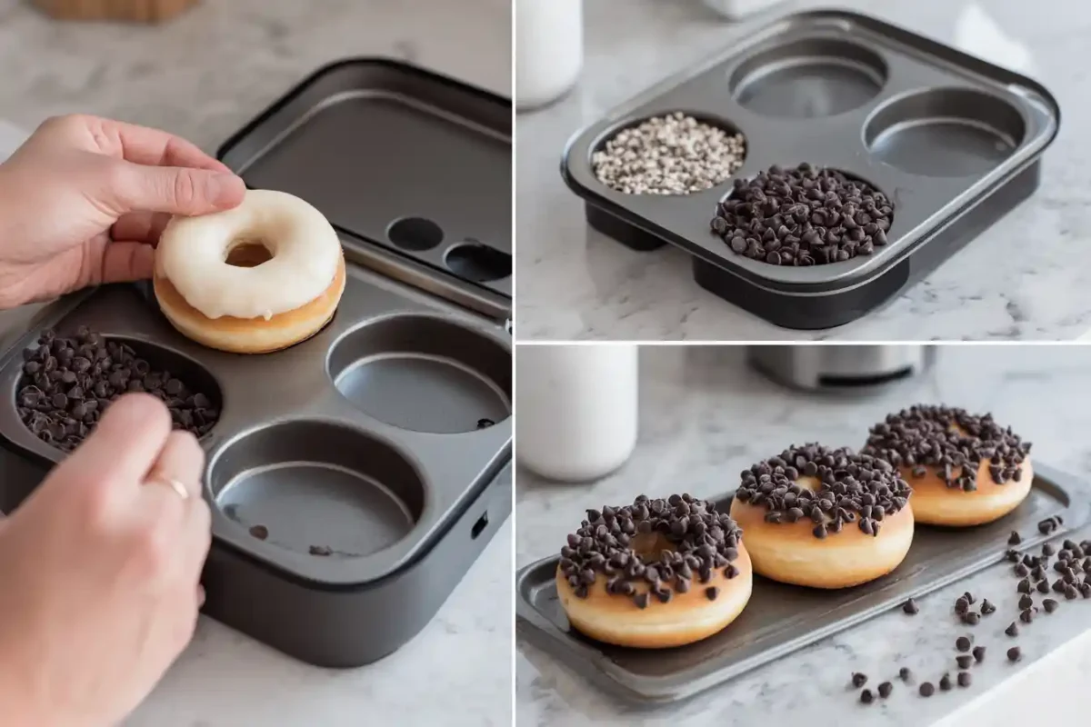 Chocolate chips being added inside sliced donuts before grilling