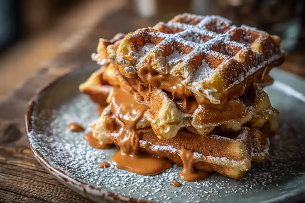 Stack of Biscoff Liege waffles with powdered sugar on a rustic table