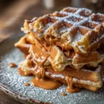 Stack of Biscoff Liege waffles with powdered sugar on a rustic table