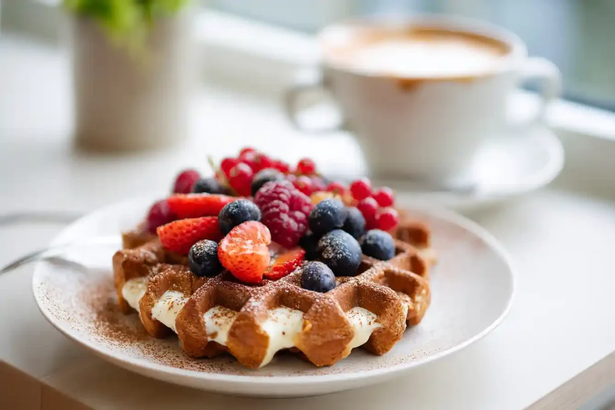 Biscoff Liege waffle served with berries and a latte