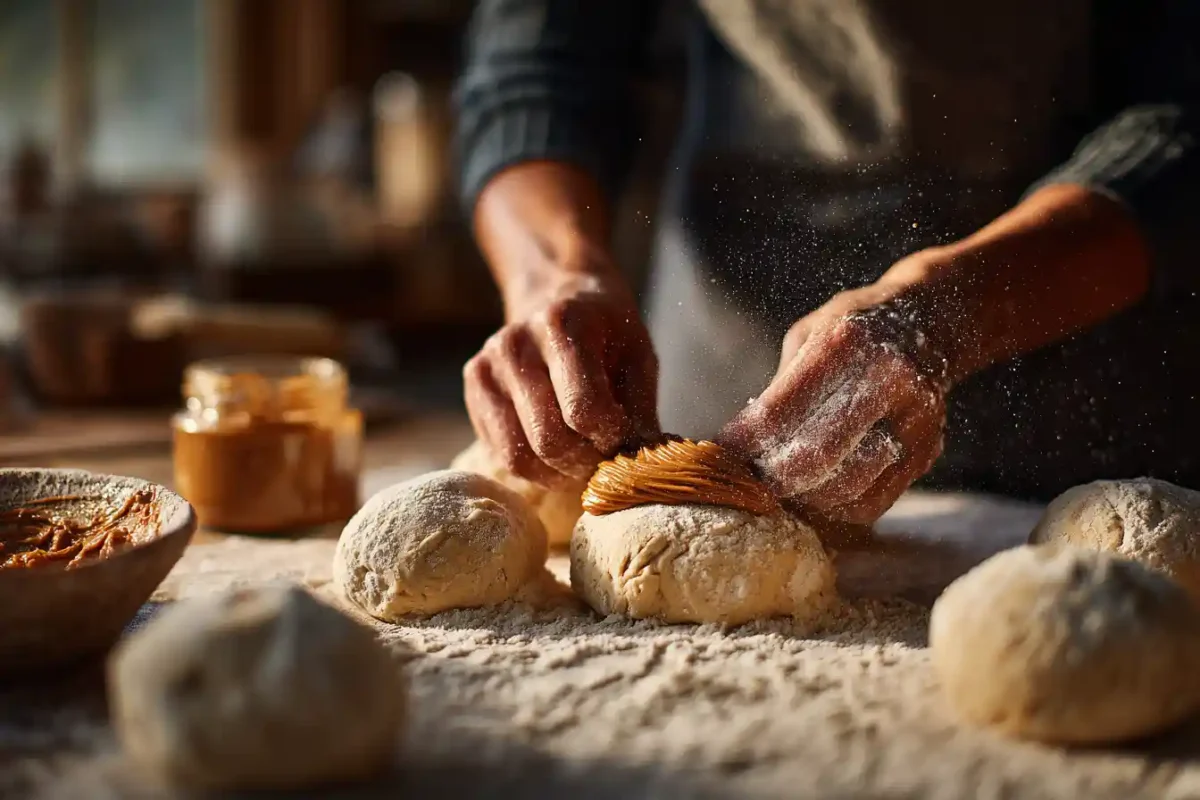 Hands stuffing Biscoff into waffle dough on a kitchen counter