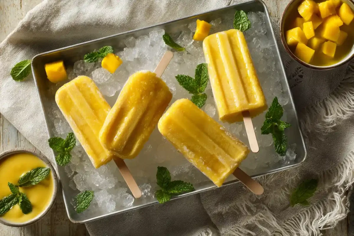 Thai mango sticky rice pops served on crushed ice with fresh mango and mint