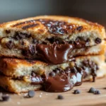 Melted chocolate chip donut panini sliced open on a wooden plate
