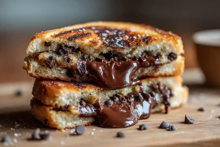 Melted chocolate chip donut panini sliced open on a wooden plate
