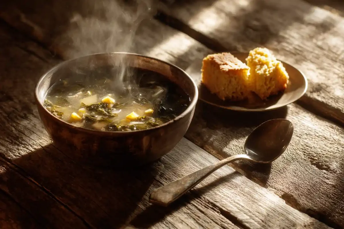 A bowl of swamp soup with sausage and kale served on a wooden table
