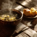 A bowl of swamp soup with sausage and kale served on a wooden table