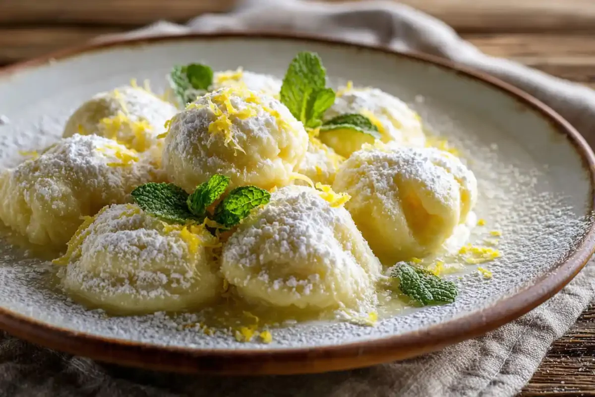Plate of lemon ricotta dumplings with powdered sugar and lemon zest