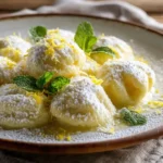 Plate of lemon ricotta dumplings with powdered sugar and lemon zest