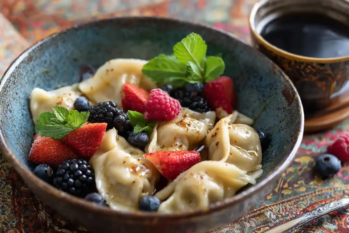 Bowl of lemon ricotta dumplings with berries, mint, and espresso