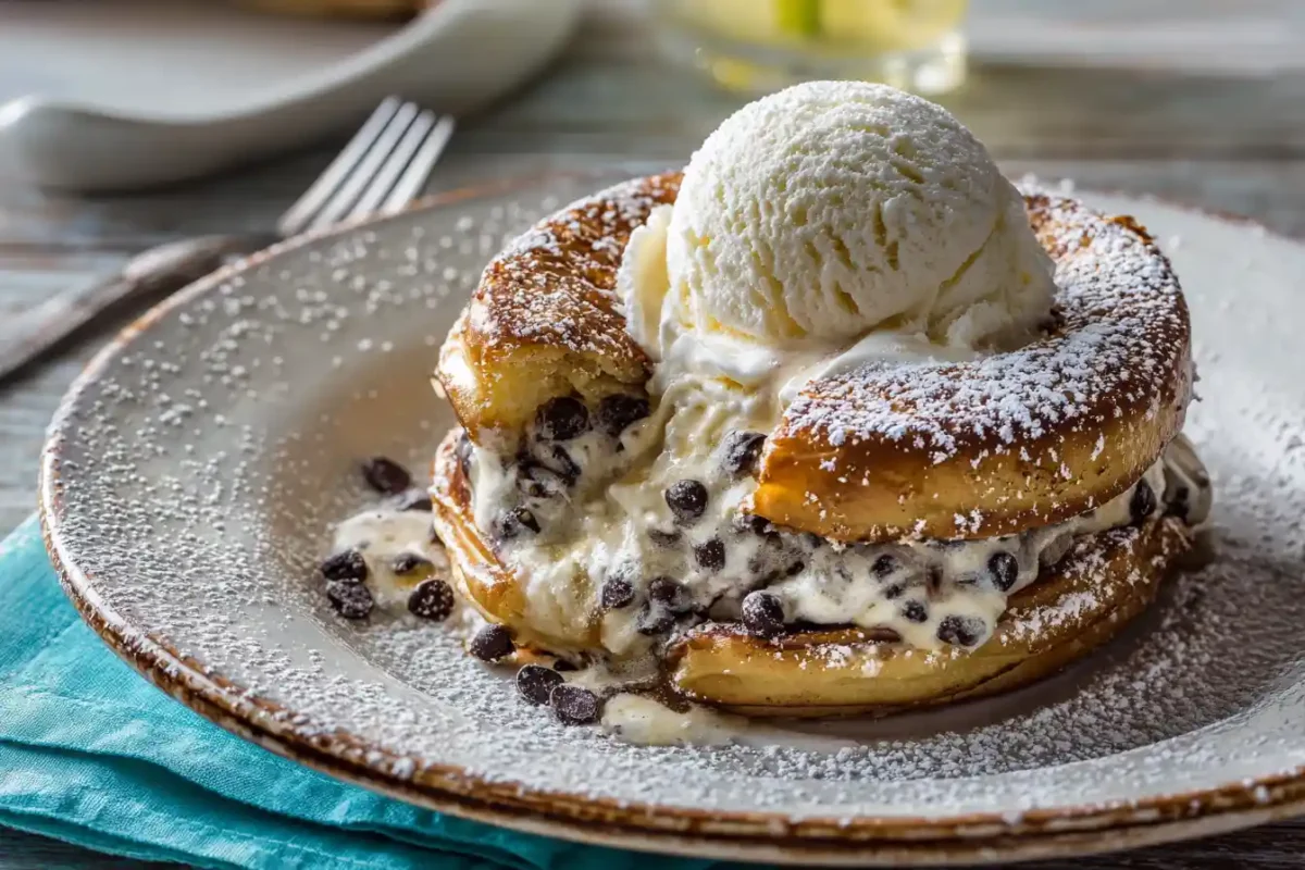 Gooey chocolate chip donut panini served with ice cream on a plate