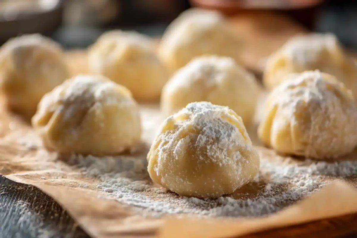 Uncooked lemon ricotta dumplings on floured parchment paper