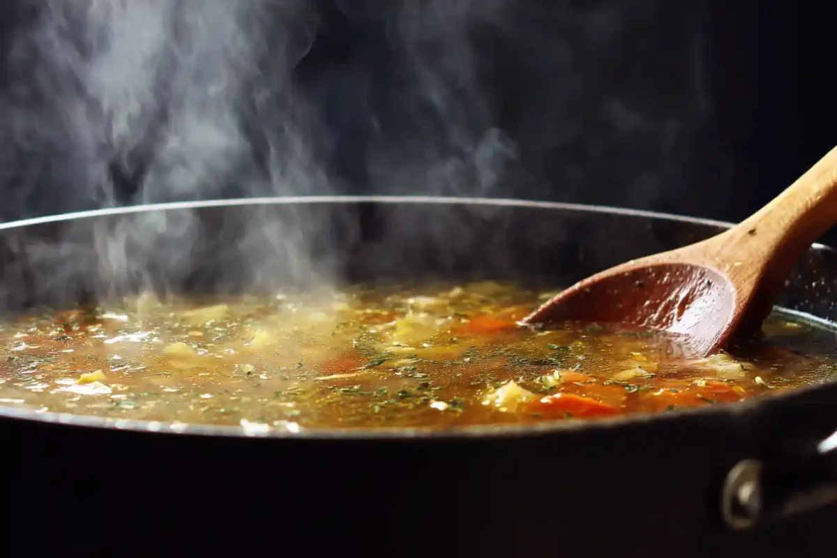 Swamp soup bubbling in a pot with steam rising