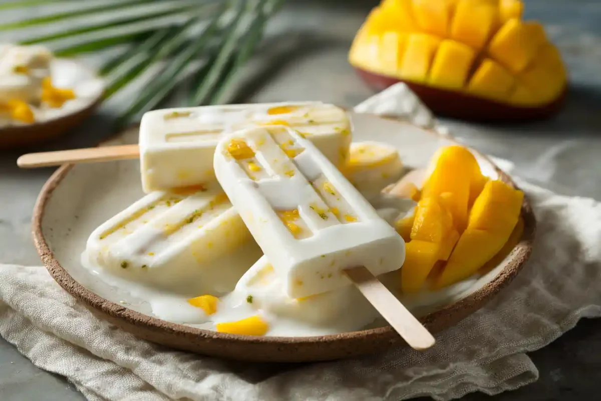 A plate of homemade mango sticky rice popsicles with sliced mango and coconut drizzle