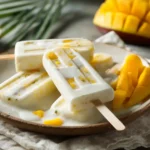 A plate of homemade mango sticky rice popsicles with sliced mango and coconut drizzle