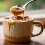 Warm peanut butter mug cake in a white mug with gooey center