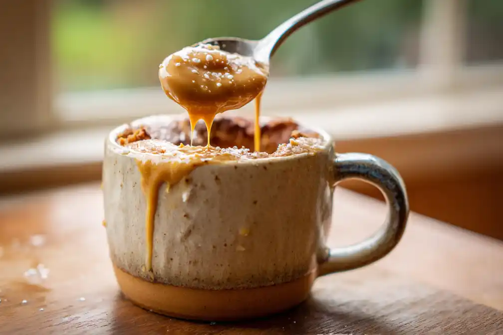 Warm peanut butter mug cake in a white mug with gooey center