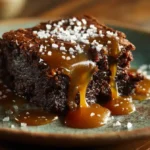 Gooey salted caramel lava brownie topped with sea salt