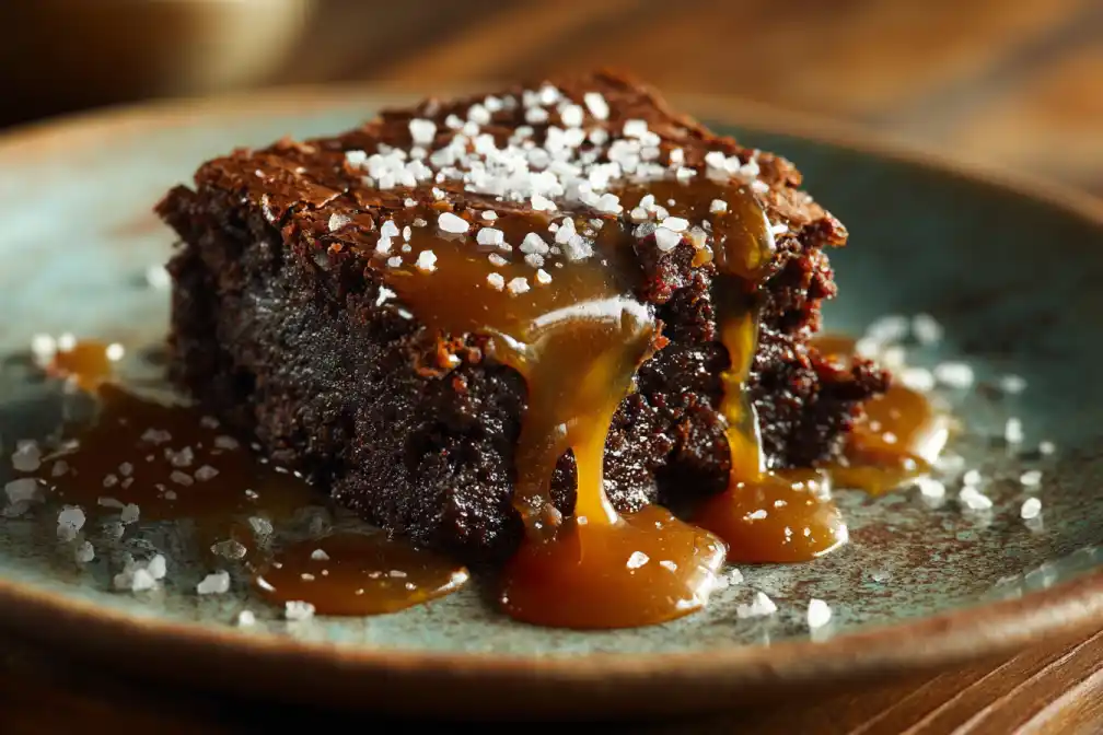 Gooey salted caramel lava brownie topped with sea salt
