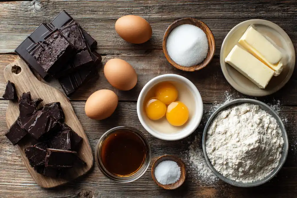 Ingredients for salted caramel lava brownies displayed on table