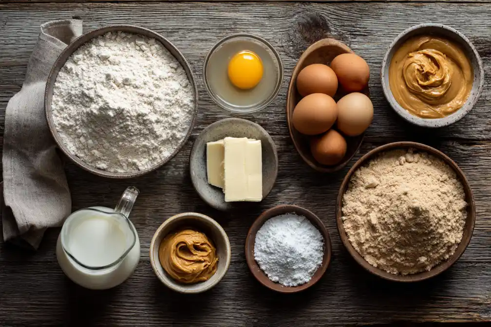 Ingredients for peanut butter mug cake on kitchen counter