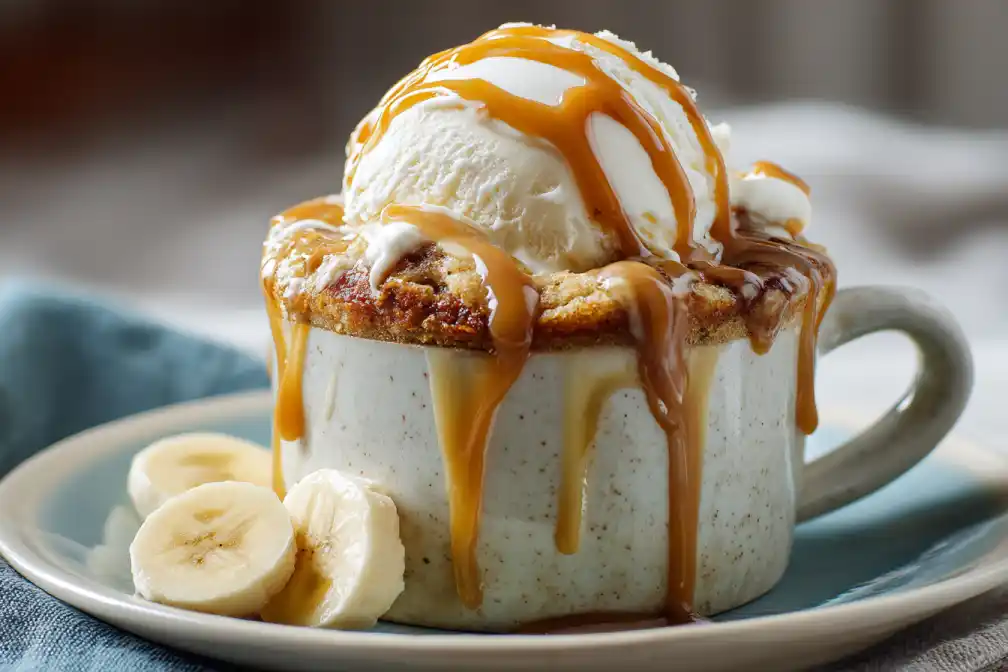Peanut butter mug cake served with ice cream and banana