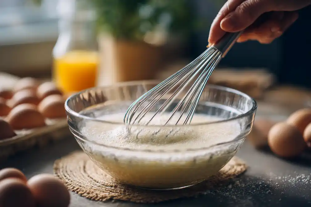 Whisking eggs and sugar for salted caramel lava brownies