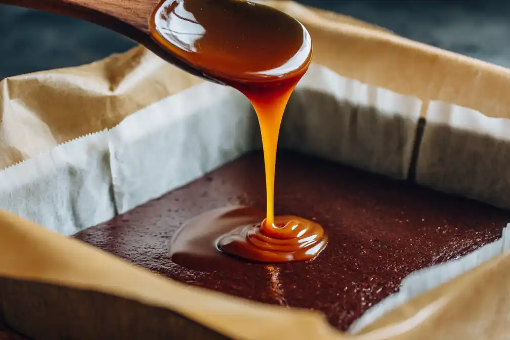 Caramel being spooned into brownie batter before baking